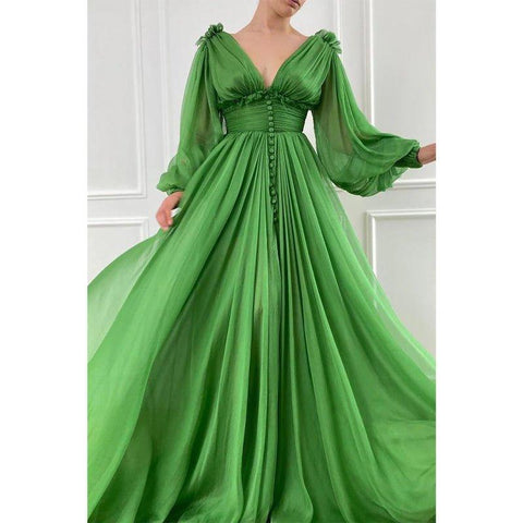 Robe de soirée trapèze en tulle vert à col en V profond et manches longues 