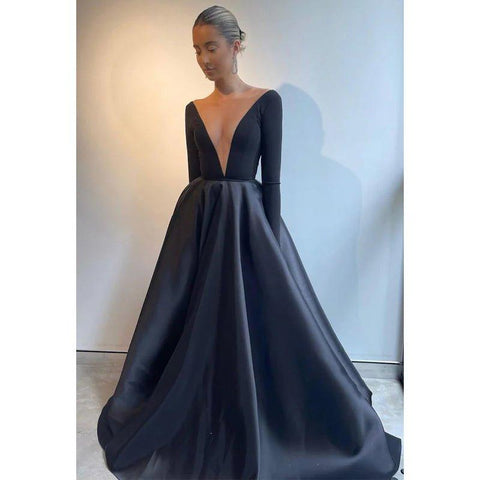 Robe de bal noire attrayante à col en V profond et manches longues avec poches 