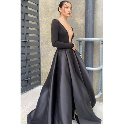 Robe de bal noire attrayante à col en V profond et manches longues avec poches 