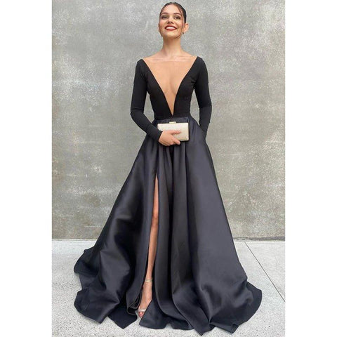 Robe de bal noire attrayante à col en V profond et manches longues avec poches 