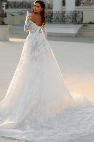Attractive Long White A-line Off-the-shoulder Lace Wedding Dress with Long Sleeves