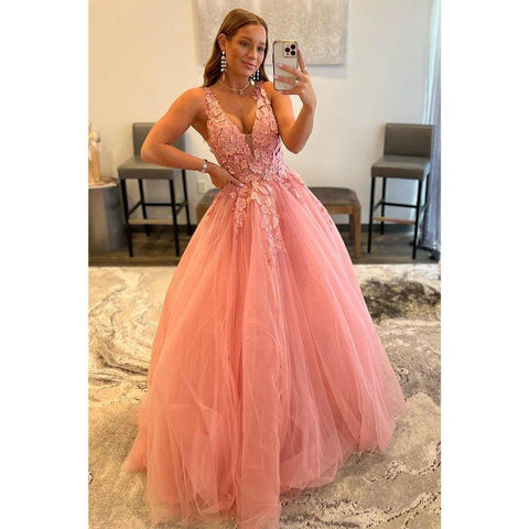 Robe de bal longue rose à col en V et appliques 3D 
