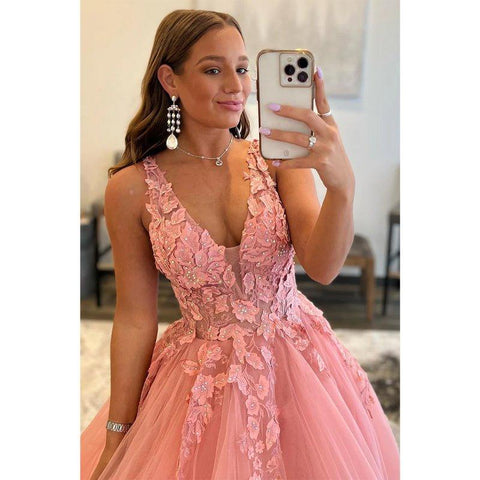 Robe de bal longue rose à col en V et appliques 3D 
