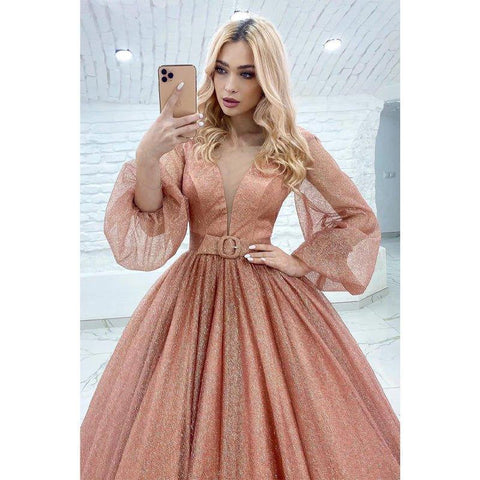 Robe de bal scintillante à manches longues et col en V avec poches