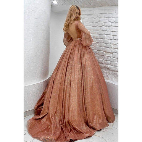 Robe de bal scintillante à manches longues et col en V avec poches