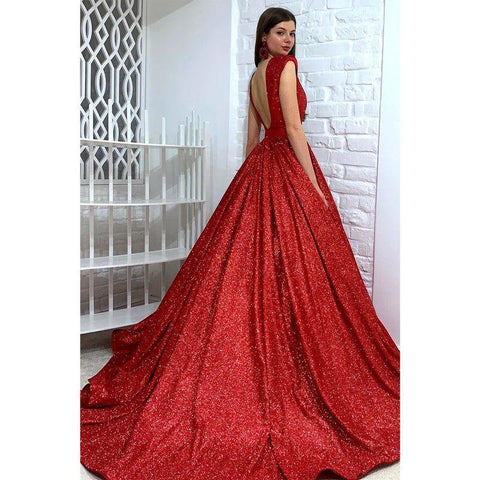 Robe de bal rouge scintillante à col en V