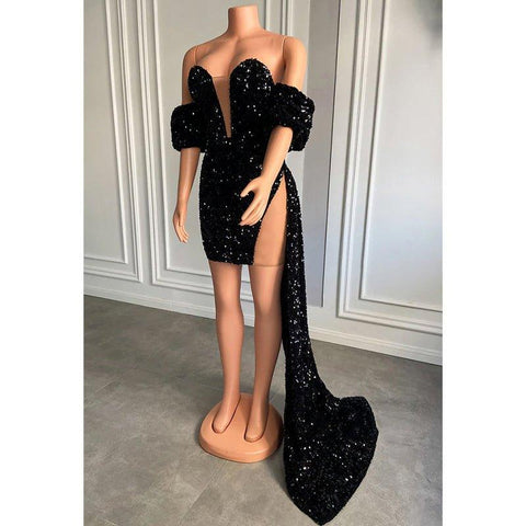 Robe de bal scintillante à paillettes et manches courtes et col en V pour filles noires