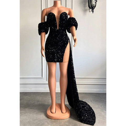 Robe de bal scintillante à paillettes et manches courtes et col en V pour filles noires