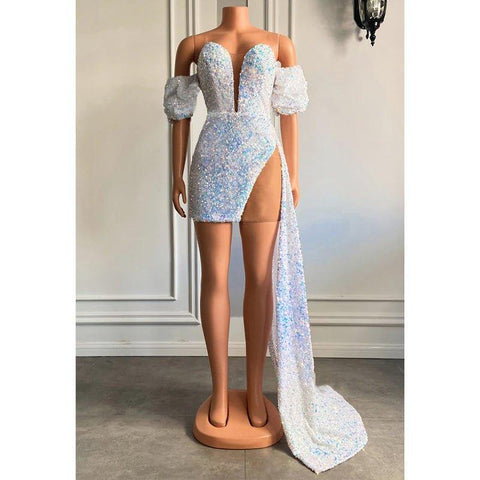 Robe de bal scintillante à paillettes et manches courtes et col en V pour filles noires