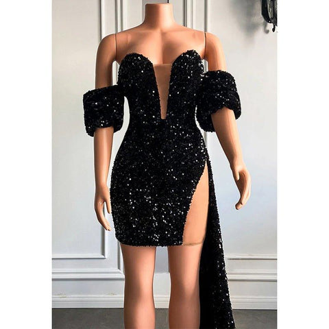Robe de bal scintillante à paillettes et manches courtes et col en V pour filles noires