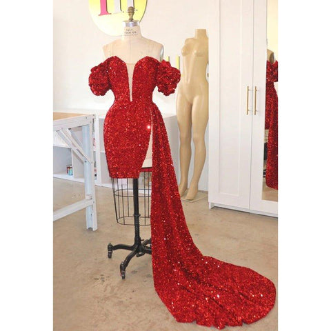 Robe de bal scintillante à paillettes et manches courtes et col en V pour filles noires