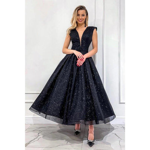 Robe de bal vintage noire en tulle à col en V et paillettes