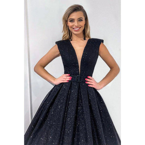 Robe de bal vintage noire en tulle à col en V et paillettes