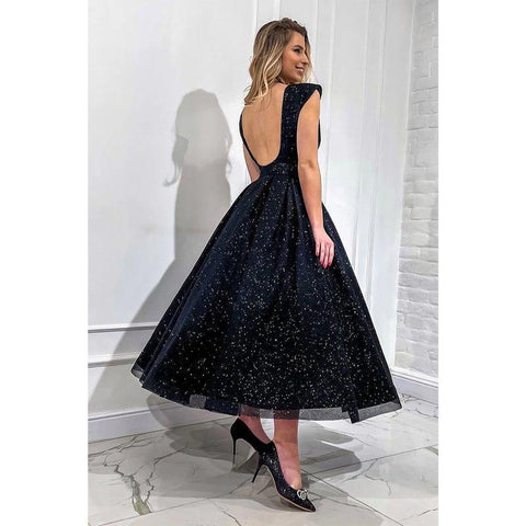 Robe de bal vintage noire en tulle à col en V et paillettes