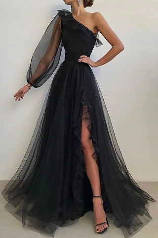 A Line One Shoulder Black Long Prom Dress with Long Sleeves