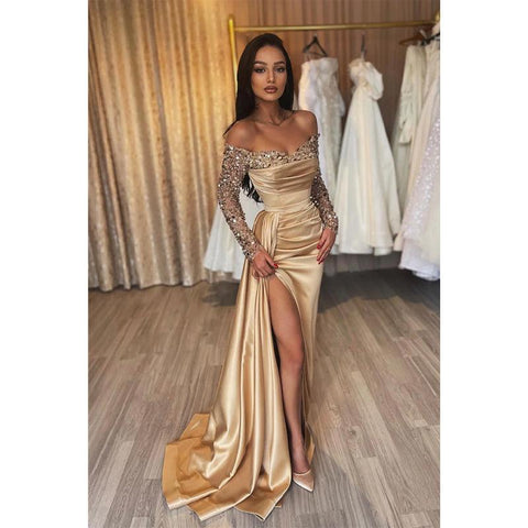 Vestido formal de fiesta con escote en forma de corazón, lentejuelas, mangas largas y abertura