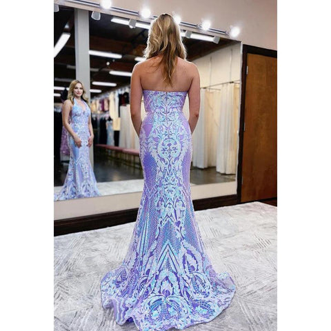 Vestido de fiesta formal glamuroso con escote en V, tirantes finos y apliques de lentejuelas estilo sirena