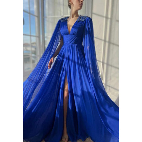 Elegante y lujoso vestido formal de fiesta con escote en V, corte A, fruncido, abertura lateral y bordado