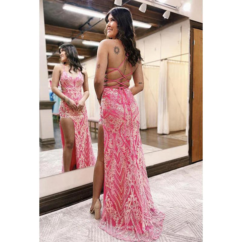 Sheath/Column Sequins Charming Spaghetti Straps V-neck Slit Party Prom Dress