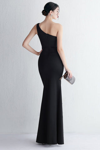 One Shoulder Black Long Prom Dress with Split Front