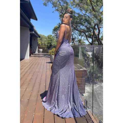 Robe de bal longue à bretelles spaghetti et col en V, froncée et scintillante