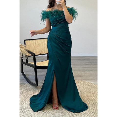 Sheath/column Off-shoulder Feather Saitn Long Prom Evening Dress