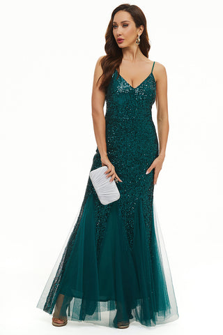 Robe de bal longue fourreau à fines bretelles et sequins noirs