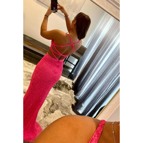 Vestido de fiesta largo con escote en V, lentejuelas, aberturas y tirantes cruzados