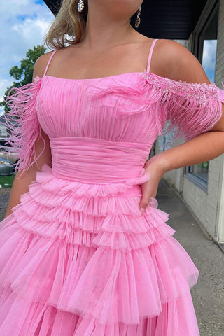 Lindos vestidos de fiesta de bienvenida rosas de corte A con plumas y tul
