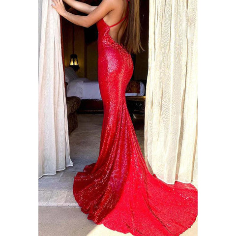 Vestido de fiesta largo de sirena con escote en V, tirantes finos y lentejuelas