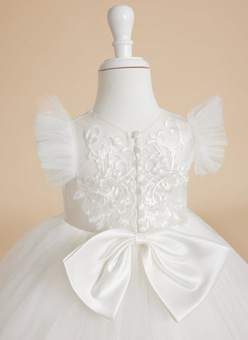 Ivory Princess Ball Gown with Lace Appliques and Tulle Court Train for Girls