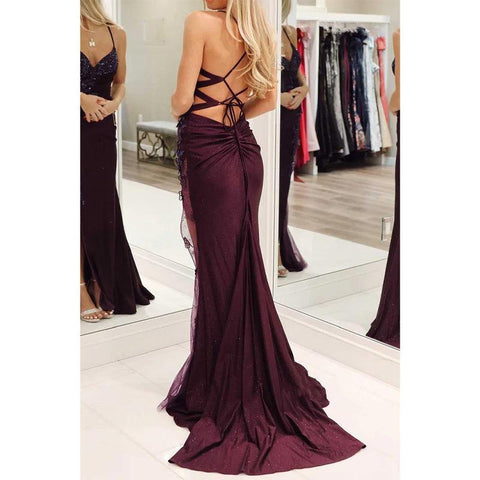 Robe de soirée à bretelles spaghetti et col en V, avec appliques et perles, fente latérale 