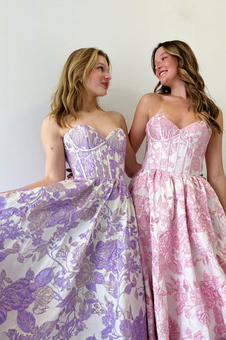 Vestidos largos de fiesta con escote corazón y corte en A y estampado floral