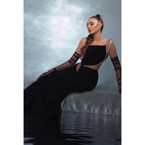 Vestido de fiesta de noche estilo sirena, elegante y moderno, con un solo hombro, sin mangas y corte sirena