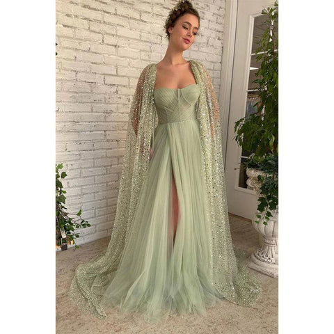 Vestido de fiesta brillante con escote en forma de corazón, plisado de tul y abertura alta