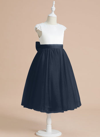 A-line Satin Tulle Tea-length First Communion Flower Girl Dress