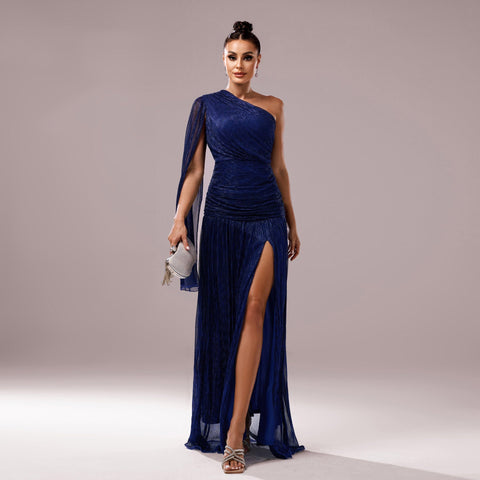 One-Shoulder Long Sleeve Slit Gown – Elegant Evening Dress