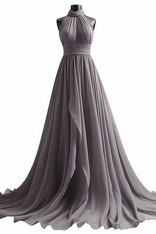 Sleeveless Halter Chiffon Long Prom Dress with Elegant Pleats