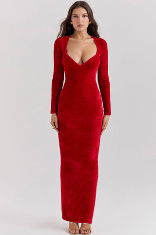 Sexy Sweetheart Neck Long Sleeve Velvet Bodycon Maxi Evening Dress - Red