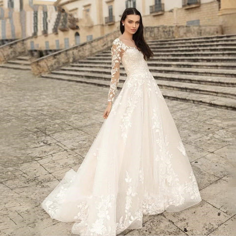 Elegant Round Neck Wedding Dresses 2023 Lace Long Sleeve Decal A-line  Fashion Women's Bridal Dress Robe Back Strap Design De
