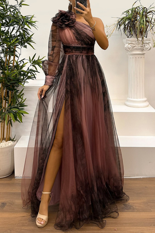 Vestidos de noche sexys para baile de graduación con estampado floral, abertura, malla en forma de flor y hombros caídos (6 colores) 