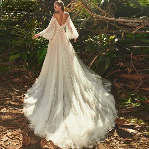 Robe de mariée élégante à col cœur et manches bouffantes longues pour femme 2023, robe de mariée classique en tulle dos nu 