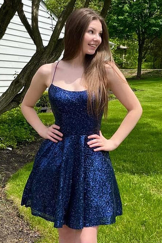 A Line Halter Navy Sequins Short Homecoming Dress with Criss Cross Back
