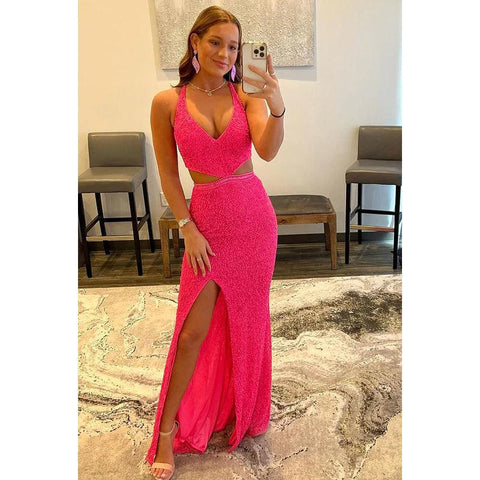 Vestido de fiesta largo con escote en V, lentejuelas, aberturas y tirantes cruzados