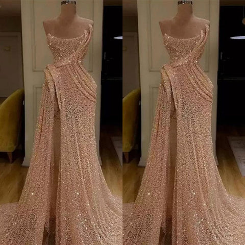Magnifique robe de bal longue sirène fendue sans bretelles et à sequins
