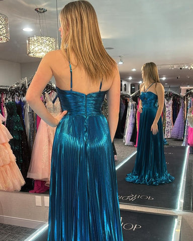 Sparkly A Line Halter Neck Pleated Long Prom Dress with Keyhole Slit