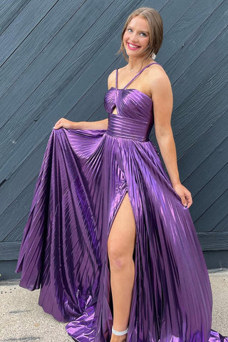 Sparkly A Line Halter Neck Pleated Long Prom Dress with Keyhole Slit