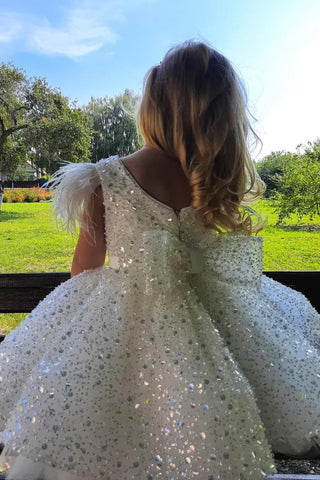 Lovely Sequins Cap Sleeve Flower Girl Dress With Feather