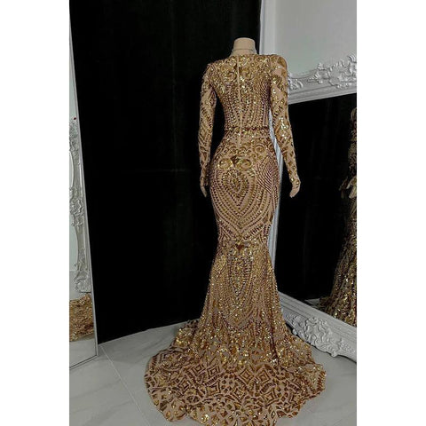 Robe de soirée sirène/trompette à col en V et manches longues à paillettes