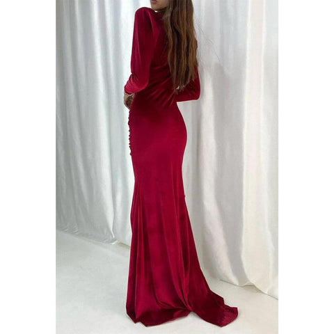 Sheath/column High Neck Velvet Long Sleeves Prom Party Dress